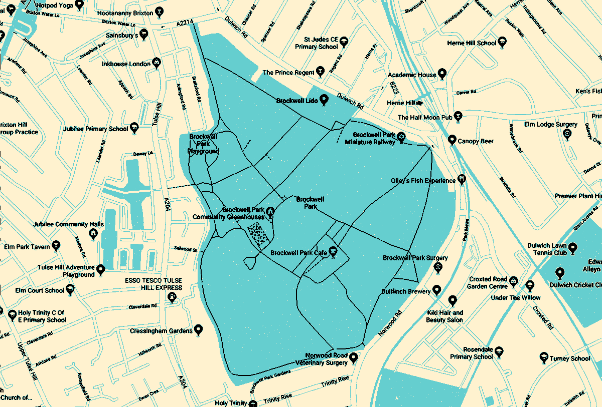 Map of Brockwell Park in cream and blue colour ways